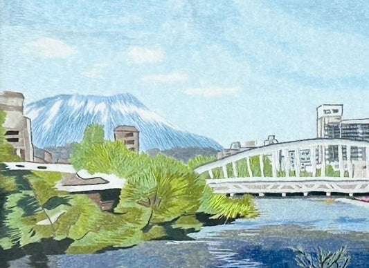 岩手山と開運橋 | Mt. Iwate and Kaiun Bridge (Hand Embroidery Art)